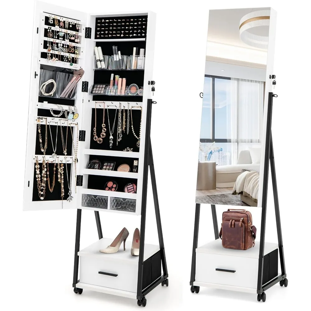 

Rolling Jewelry Cabinet with Wheels, Lockable Jewelry Organizer Box with Drawers, Freestanding Jewelry Armoire