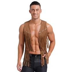 Men Western Cowboy Faux Suede Tassel Vest Open Front Rivets Fringe Vintage Waistcoat Jacket Cosplay Festival Rave Party Clubwear