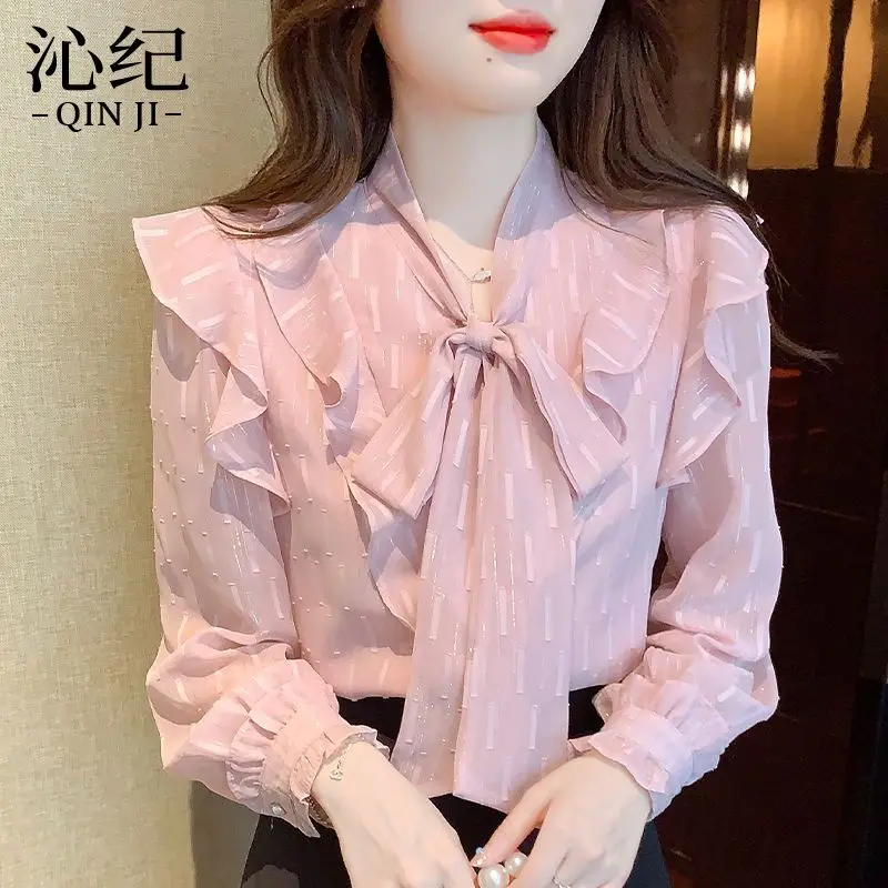 

Bow Chiffon Shirt Women's Long Sleeved New Super Fairy Temperament Base Shirt Chic and Beautiful Top