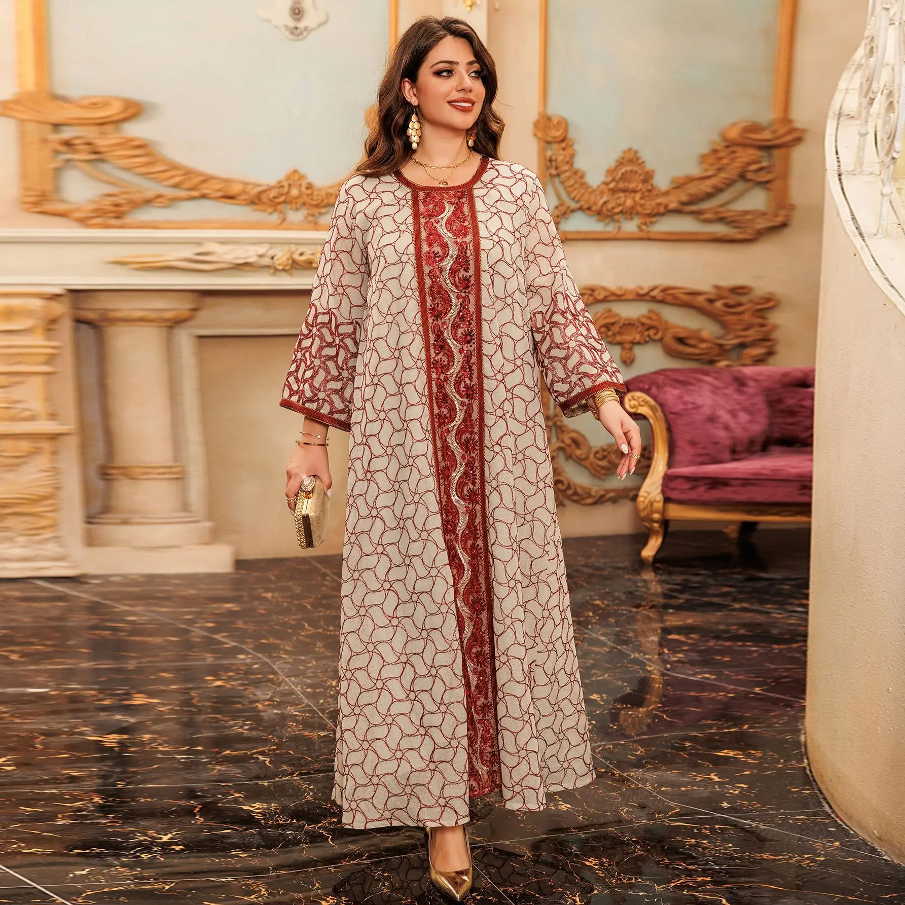2024 Muslim Bead Embroidered Fashion Mesh Embroidered Dress Jalabiya Robe Dubai Robe