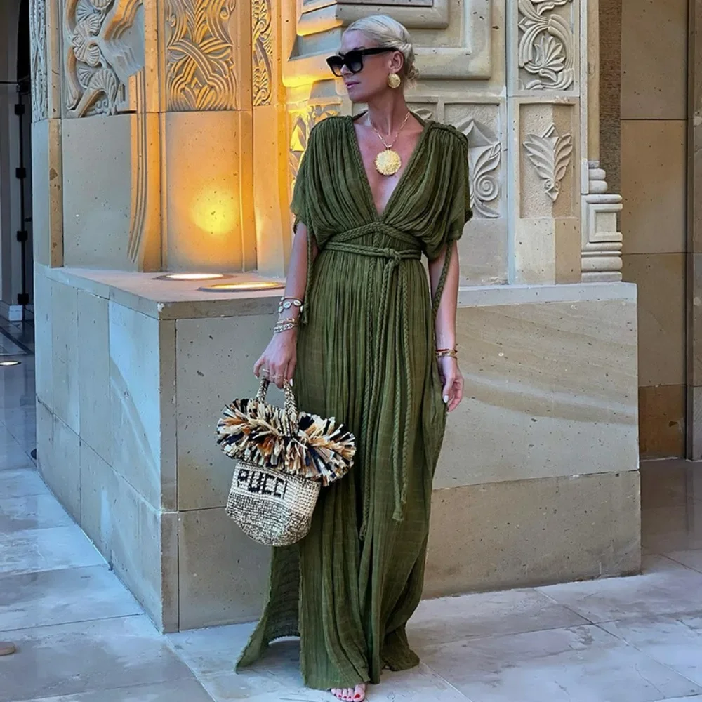 Vestido bohemio verde para vacaciones para mujer, vestidos largos holgados informales lisos elegantes, vestido playero Sexy de 2 lados con abertura