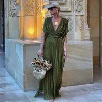 Vestido bohemio verde para vacaciones para mujer, vestidos largos holgados informales lisos elegantes, vestido playero Sexy de 2 lados con abertura y espalda descubierta 2024