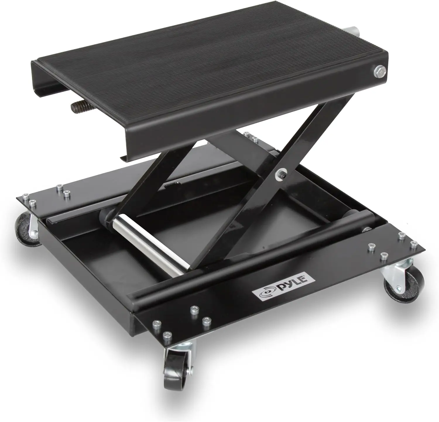 

Motorcycle Lift, Scissor Jack, Dolly, Heavy Duty Steel, 1100 lbs Capacity, Black Powder Coat, Anti-Skid Rubber, Collapsible, Por