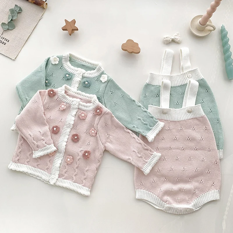 2024 New Autumn Toddler Baby Girl Knitting Clothes Suit Long Sleeved Knitted Cardigan+Jumpsuit Newborn Baby Girls Clothing Set