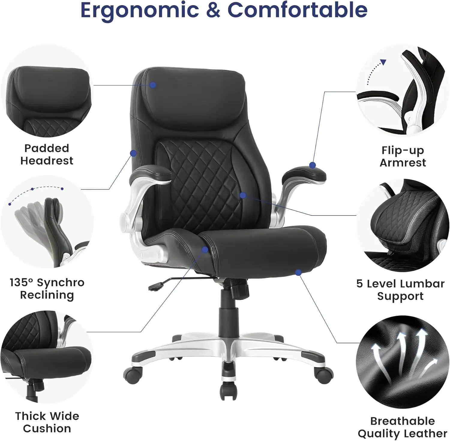

High Back Ergonomic Office Chair with Adjustable Lumbar Support and Armrests, Black