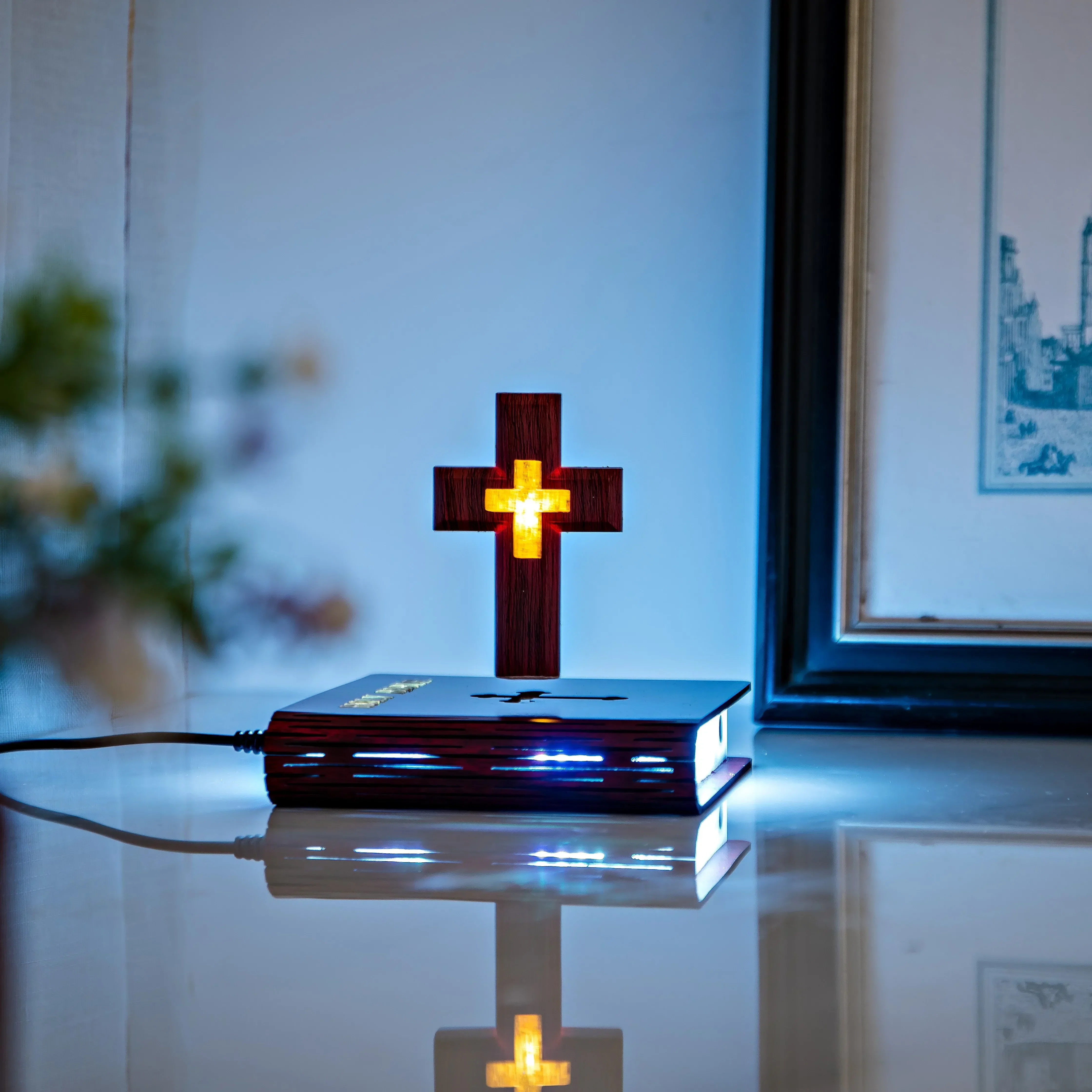 New art piece Jesus Blessing Light Luxury Maglev Cross Table Lamp Base Colorful Light Transformation Starry Sky Book Base Gift