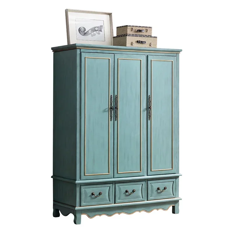 Country Wardrobe Bedroom Retro Distressed Storage Cabinet Three-Door Three-Bucket Wardrobe