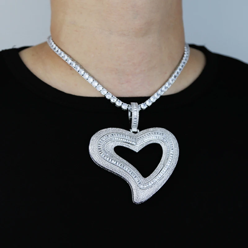 New Iced Out Big Hollow Heart Pendant Necklace Bling Rectangle CZ Cubic Zirconia Tennis Chain Charm Women Men Hip Hop Jewelry