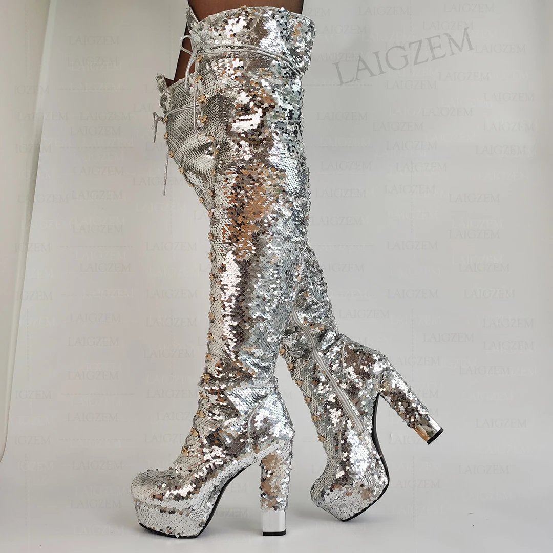 

ZHIMA Women Over High Platform Boots Show Thick High Heels Side Zip Sequined Over Knee Boots Shoes Woman Big Size 33 37 41 43