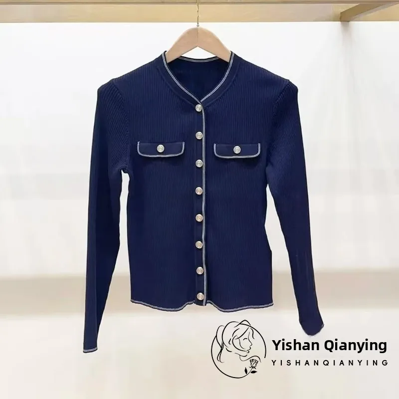 

Ele round Ne Single Button Knitted Slim Fit Open Cardigan Top for Women Early Autumn Faion New Arrival M 2025