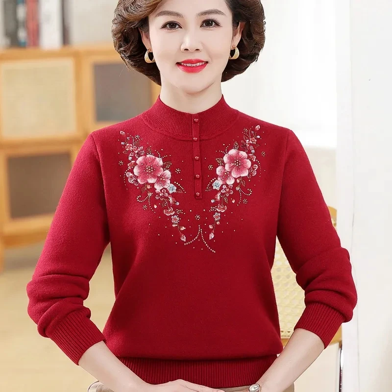 Women Sweater 2025 New Bottoming Shirt Winter Warm Plush Thick Knitted Sweater Pullover Middle Aged Mother Clothes Female Tops