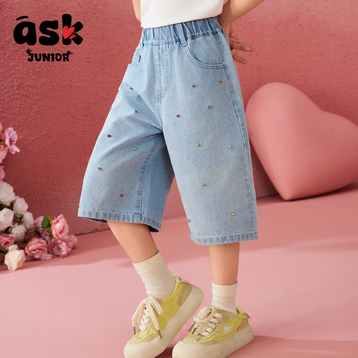 بنطال جينز مغسول بألوان متباينة من الكريستال الماسي للفتيات الصيفي للأطفال #3