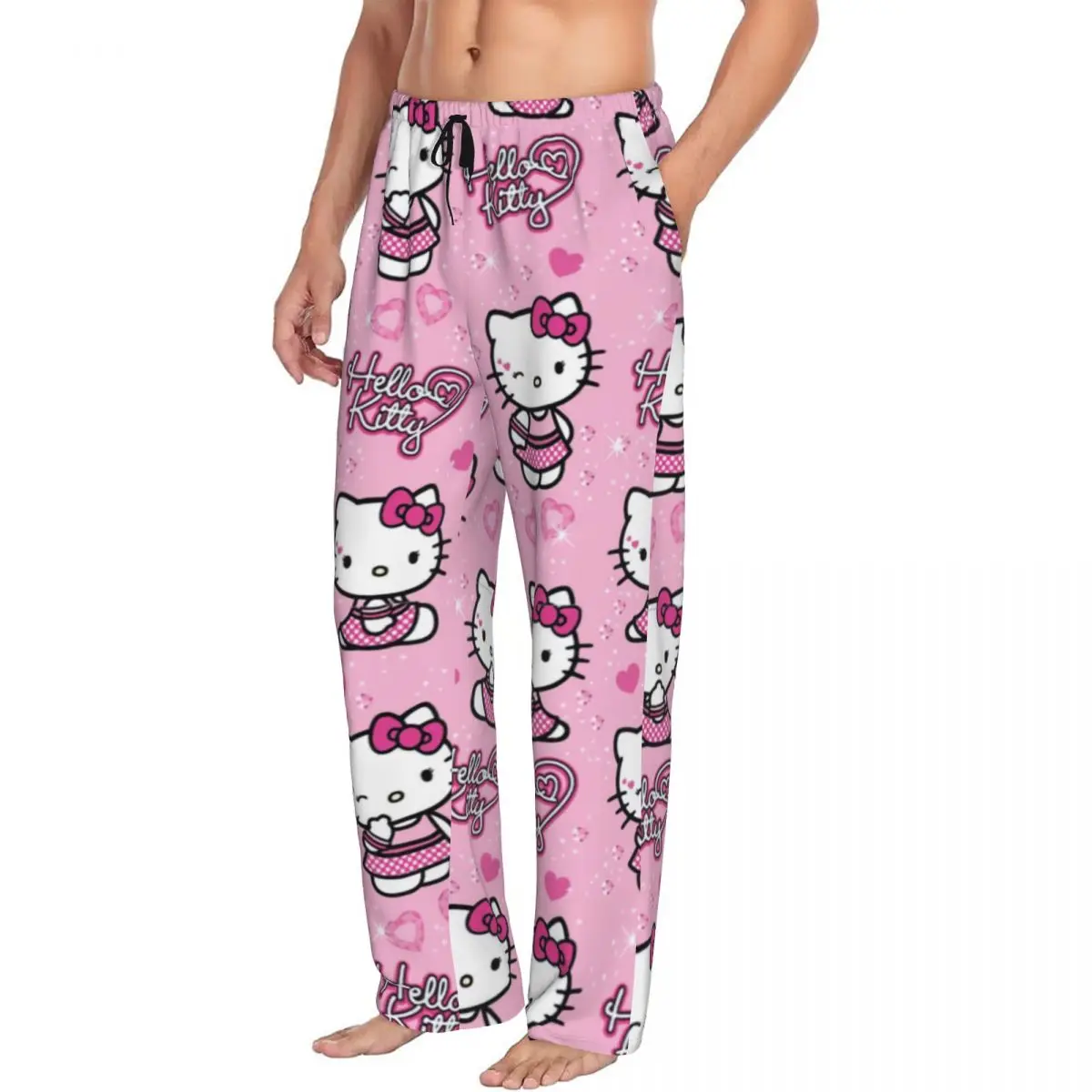 Custom Cartoon Anime Hello Kitty Bow Pajama Pants Sleepwear Men\'s Elastic Waistband Sleep Lounge Bottoms with Pockets