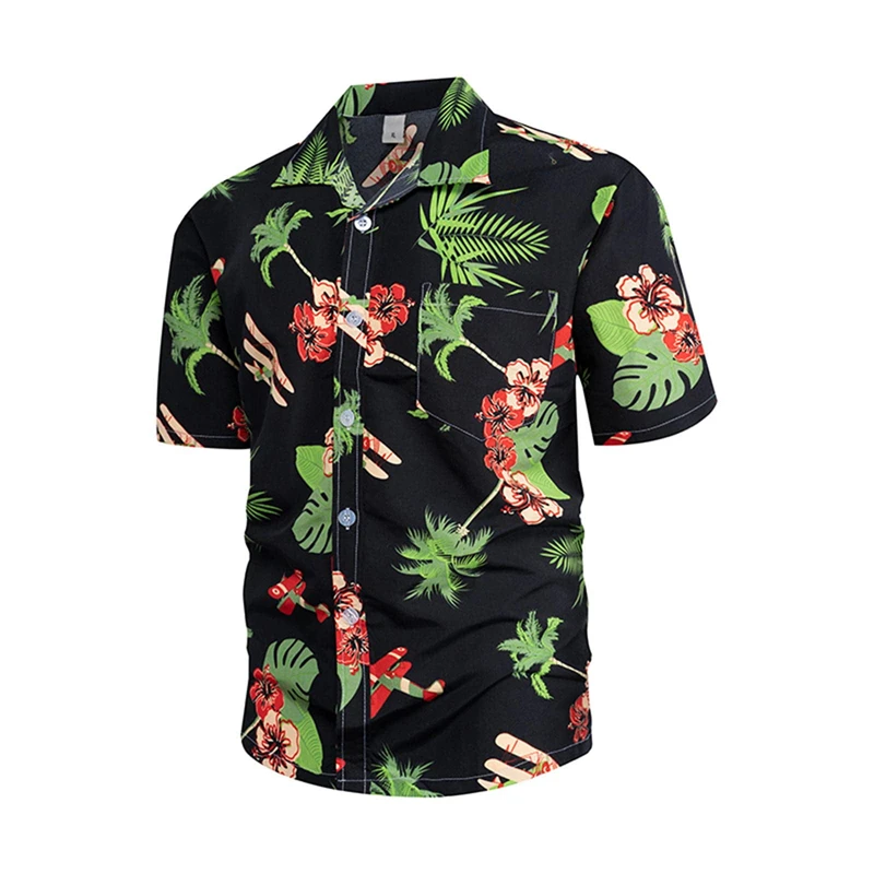 Oversized Summer Men\'s Short Sleeve Hawaiian Shirt Open Collar Single Button Plant Flower Print Fashion Beach Top Shirts Clothes