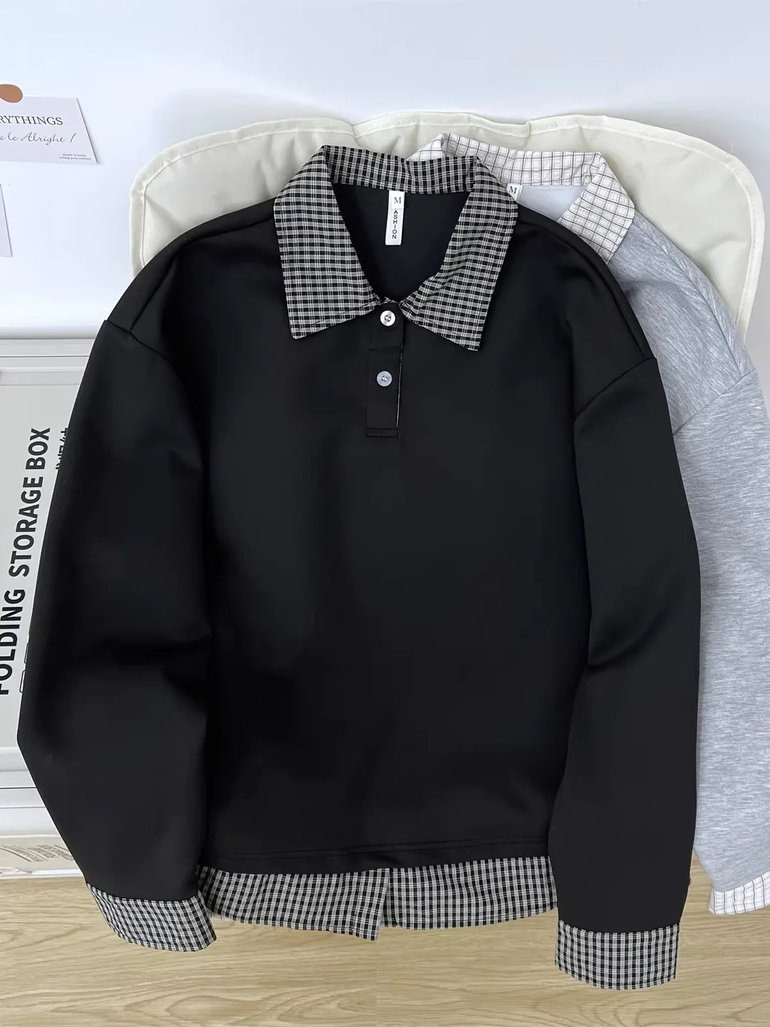 American Style Grid  Collar Sweatshirt Loose Base Layer Shirt for Men Autumn Winter Vintage Retro Patchwork Top