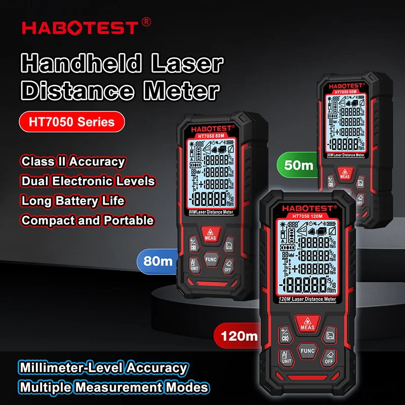HT7050 Laser Distance Meter 50M/80M/120M Dual-Axis Electronic Level Digital Rangefinder Distance Area Volume Trapezoid Tester