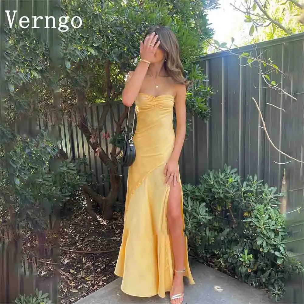 Verngo Yellow Satin Prom Gowns Women Spaghetti Straps A Line Party Dress Simple Franch Gormal Occasion Dress Customized