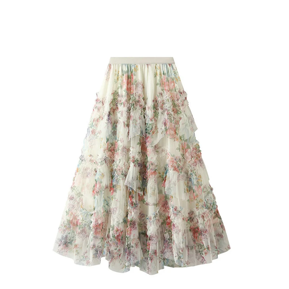 

2024 Spring Autumn New Retro Palace Style Irregular Splicing Colorful Printed Mesh Cake Women's Long Skirt