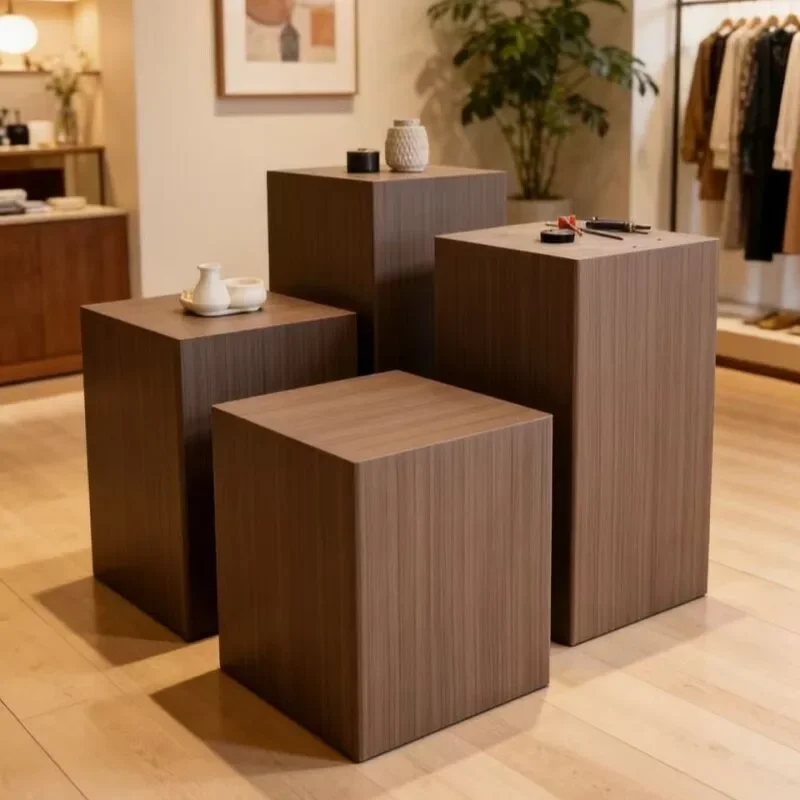 Customized square wood grain display stand imitation solid wood sticker booth platform Nakajima clothing store window props log