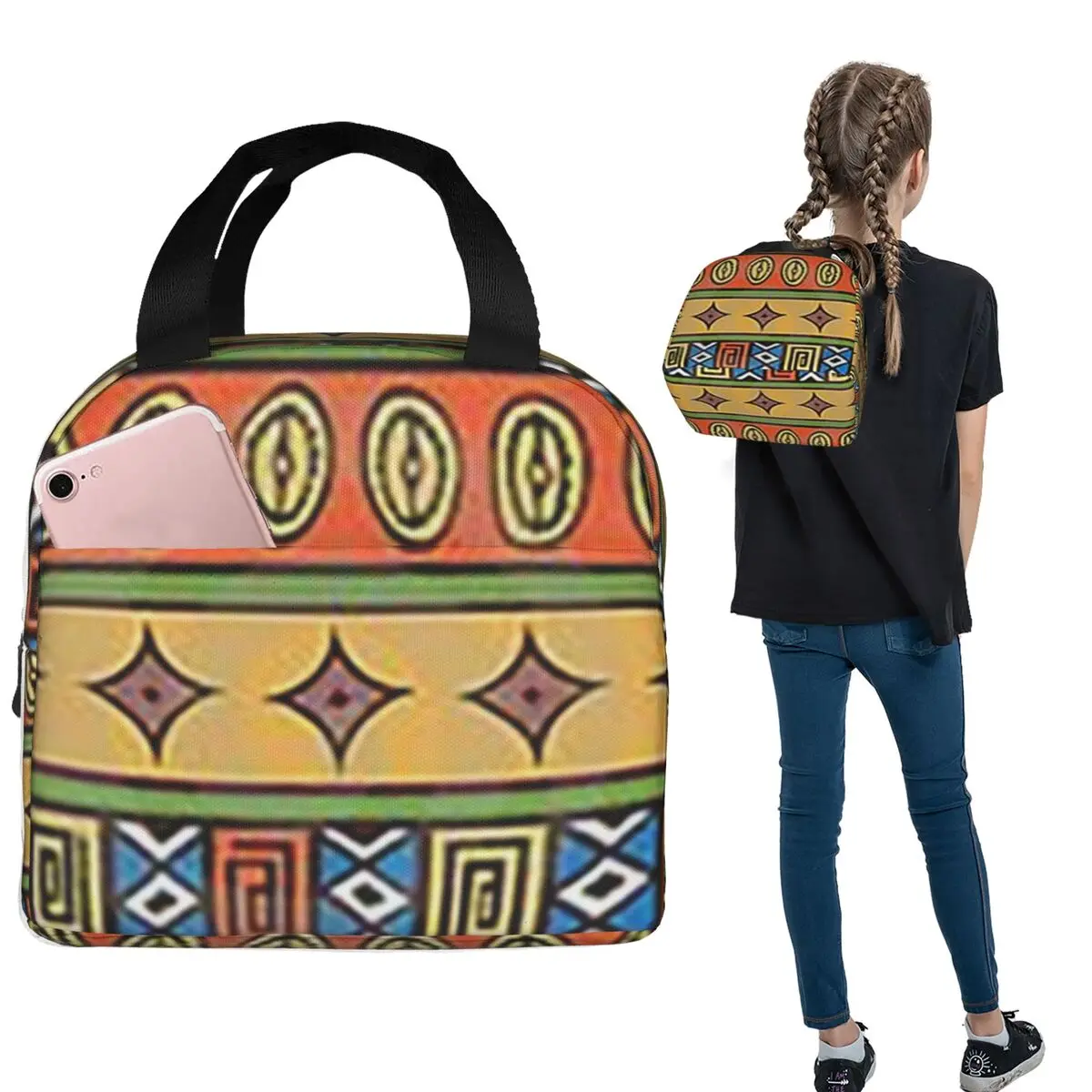 

Ankara Dutch Wax Print Insulated Lunch Bag for Women Kids Leakproof Food Boxes Thermal Lunch Box Tote