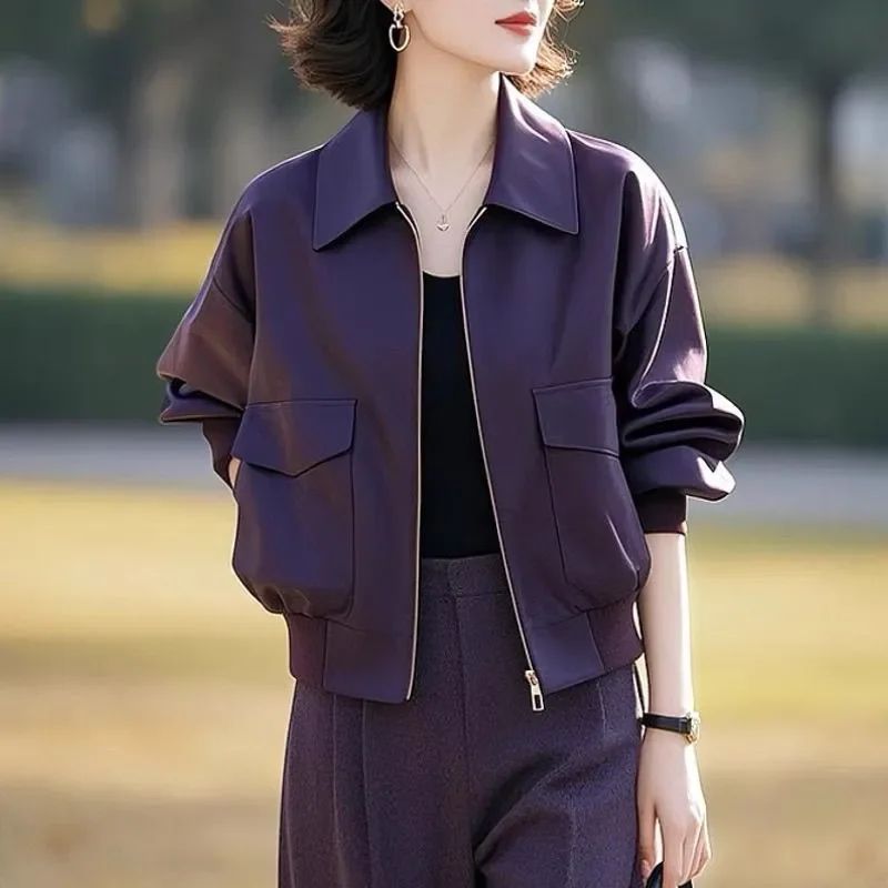 Women's Purple Zippered Jacket With Pockets Loose Fit Turn Down Collar Spring Autumn Office Elegant Style Casual Outerwear