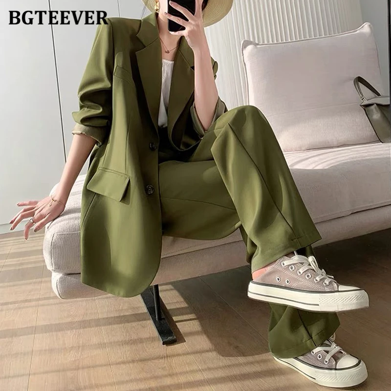 BGTEEVER Stylish Loose Female 2 Pieces Blazer Set Long Sleeve Single-breasted Suit Jackets Women Straight Trousers Suits