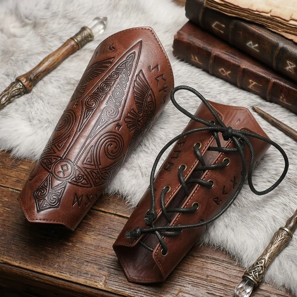 2er-Pack Kunstleder-Armbänder, Wikinger-Mittelalter-Armschützer, Armbänder, Renaissance-Kostümzubehör für Halloween, LARP, Cosplay – Detail 6