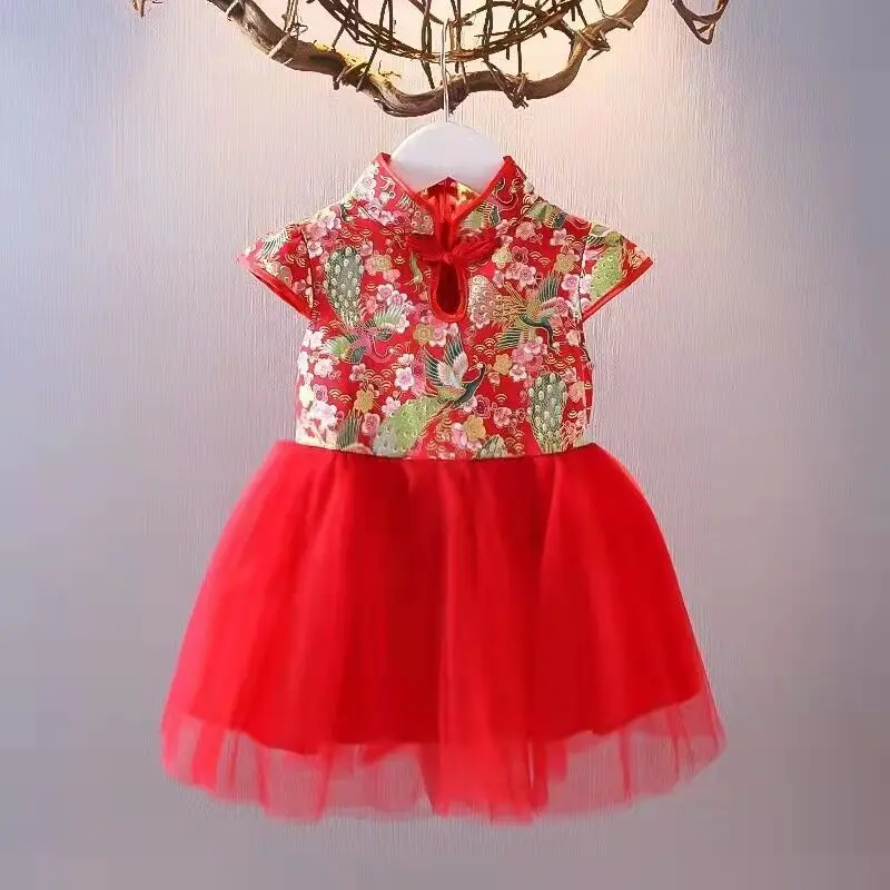 

Children's Dress Spring and Autumn Wide Baby Mesh Princess Dress Stand Collar National Style Girl Performance Outfit Short Sleev