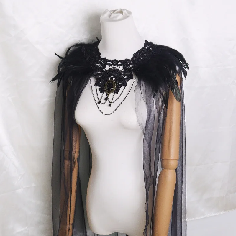 

Creative Black Witch Cape for Halloween Gothic Tulle Shawl with Crystal and Feather Kids Party Cosplay Cloak