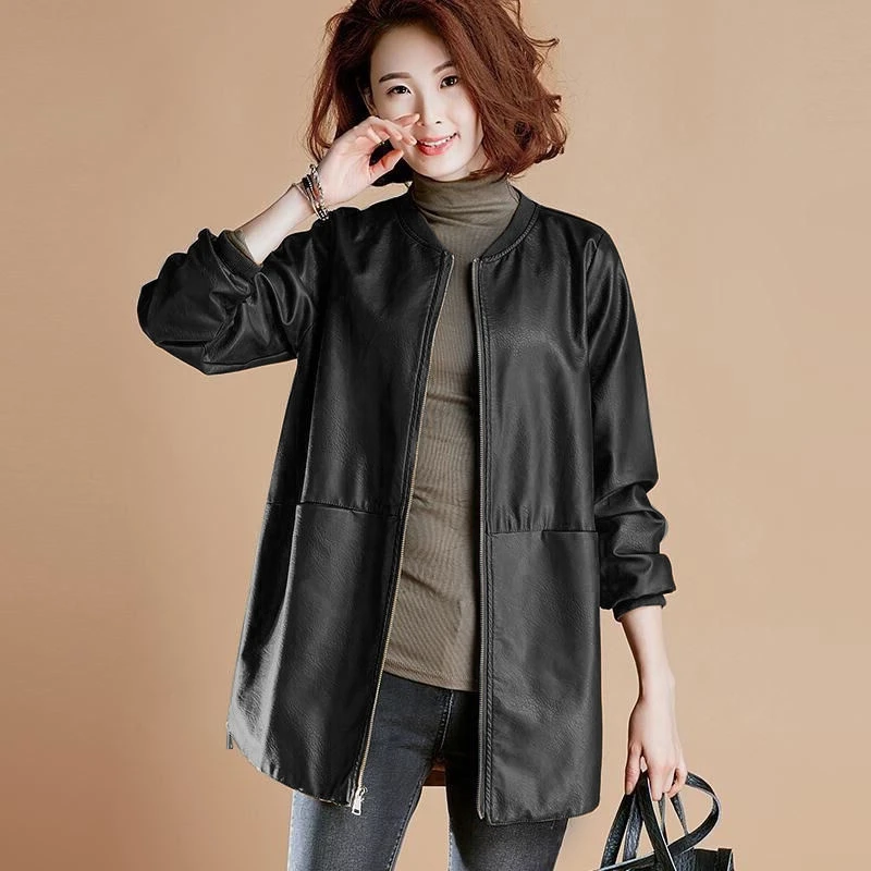 Women's Motorcycle Style PU Leather Jacket Mid-Length Loose Fit Fashionable Retro Beautiful Outerwear Spring Season Zipper