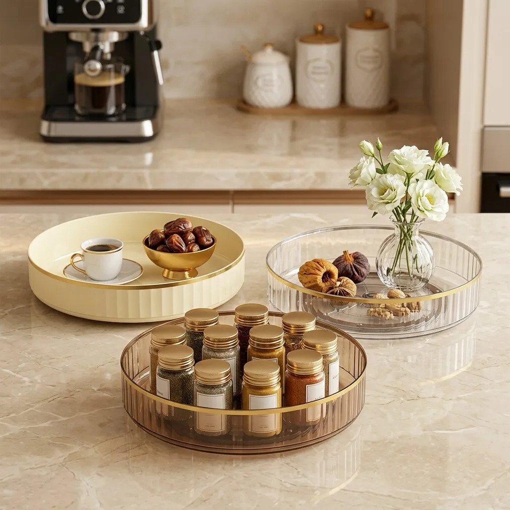 Kitchen Storage Tray Round 360 Rotating Decorative Tray Turntable Clear Plastic Lazy Susan Organizer Fridge Spinning Spice Rack