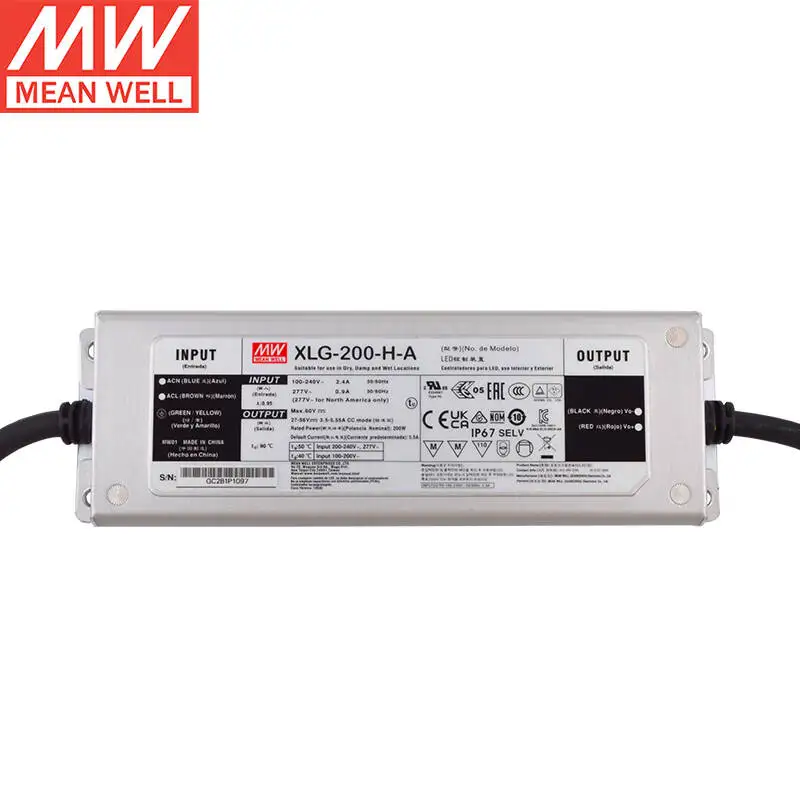 TaiWan MEANWELL XLG-200-H-A Constant Power Mode  LED lighting Driver  Buit-in active PFC Function AC-DC water proof IP67