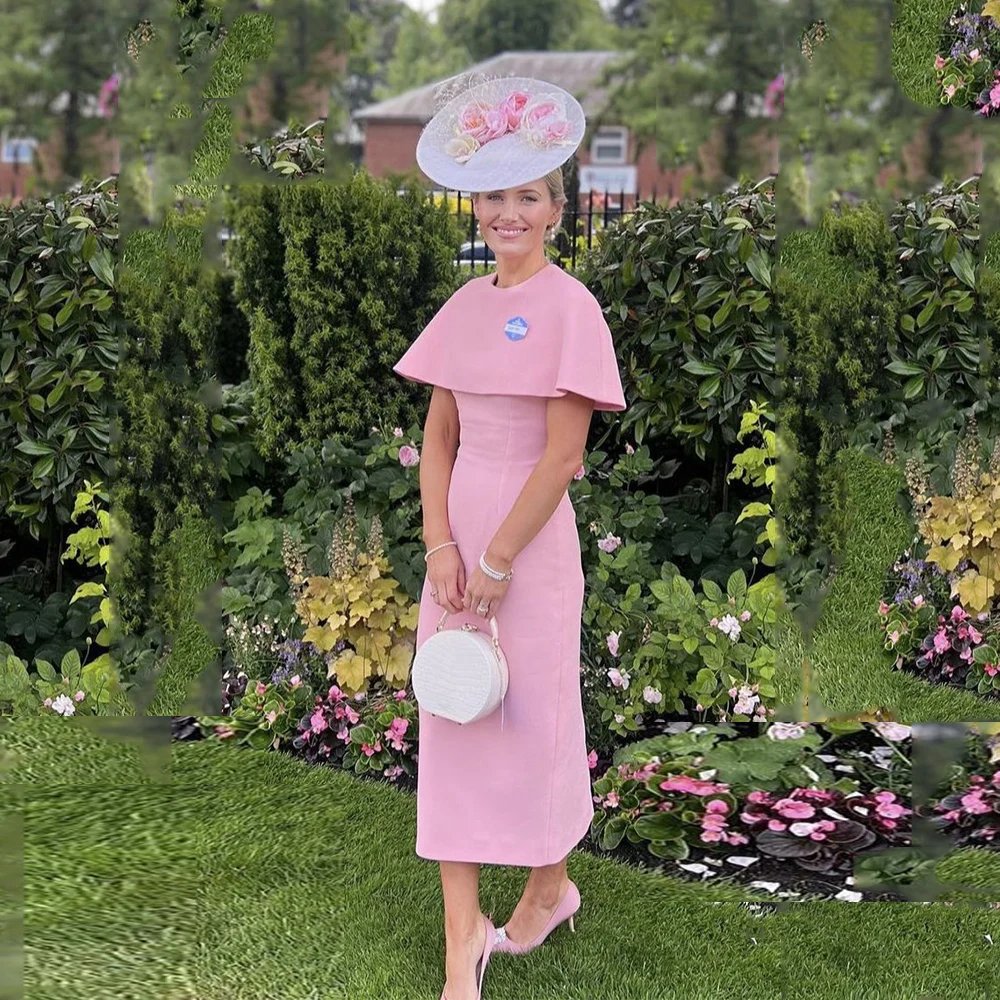 

Розовое платье для матери невесты без рукавов чайной длины, свадебные платья для гостей для женщин, вечернее женское платье-футляр с шалью