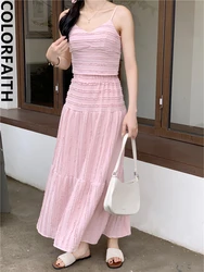 Colorfaith WS9995JM New 2024 Sleeveless Elegant Sets 2 Pieces Folds Sexy Vests With Long Pink Skirts Spring Summer Women Suits