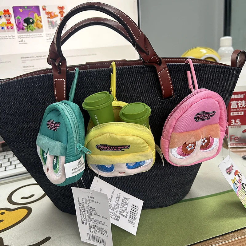 Monederos de felpa originales de 10cm y 13cm, bolsa colgante pequeña Powerpuff para niñas, bolsa de transporte para monedas con dibujos animados, almacenamiento de auriculares