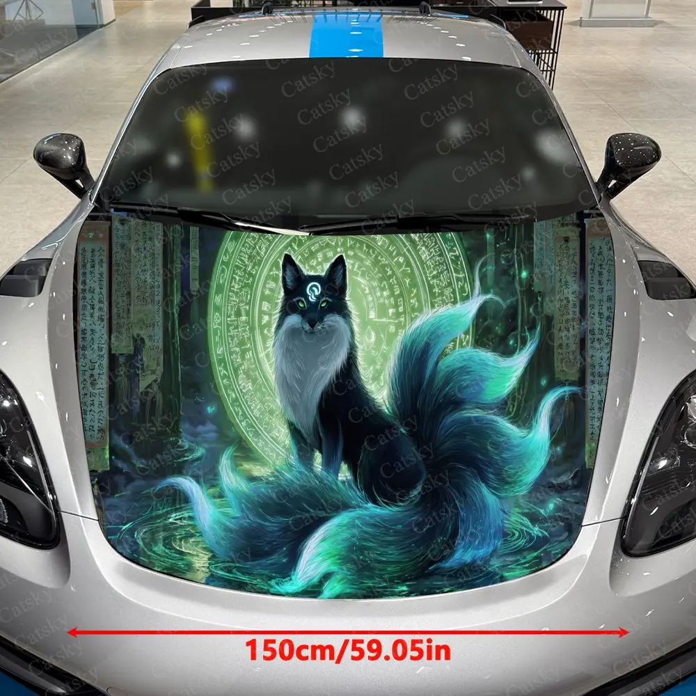 Moon Array Azure Tail Spirit Fox Car Vinyl Wrap, PVC Waterproof Car Hood Sticker, Self-Adhesive Scratch-Resistant Stickers