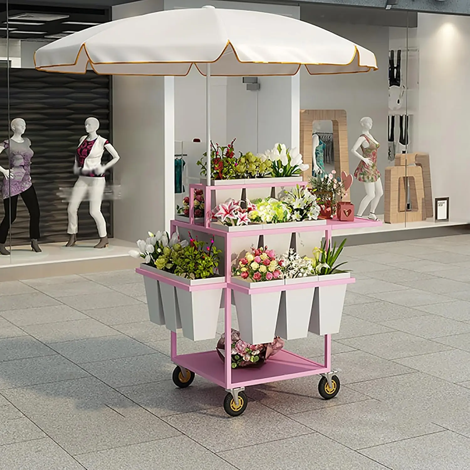 Metal Outdoor Flower Display Stand With Flower Display Stand With 18 Buckets, Flower Cart Display Stand With Wheels，Flower Cart