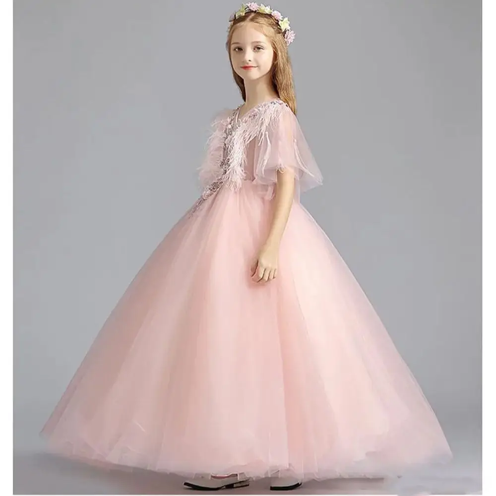 

Flower Girls Dress For Wedding Party High Neck Baptism Gowns Tulle Full Sleeve Appliques Kid Holy Communion Gown