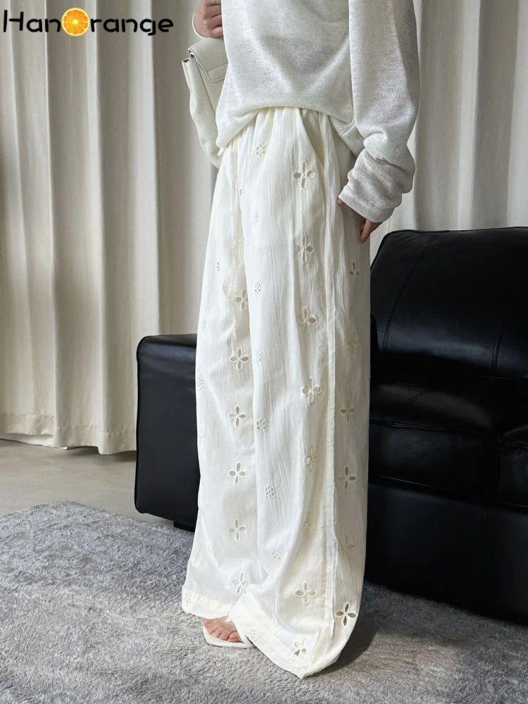 Women‘s Embroidery Pants Summer Hollow Casual Cotton Vacation 2026 Elastic Waist Straight Trousers for Women