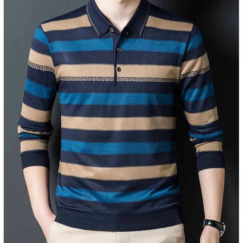 Autumn Winter New Men\'s Clothing Stripe Button Long Sleeve Polo T-shirt Business Casual Slim Loose Fashion Pullover Tops