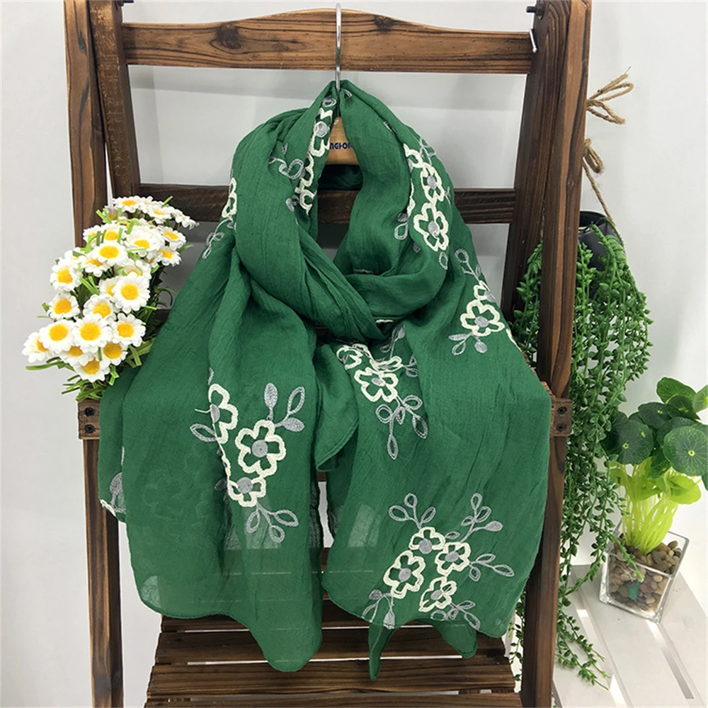 

Long Cotton Linen Scarf Summer Thin Sunscreen Shawl Women's Flower Embroidered Scarf Loose Vintage Scarf Decoration Muslim Hijab