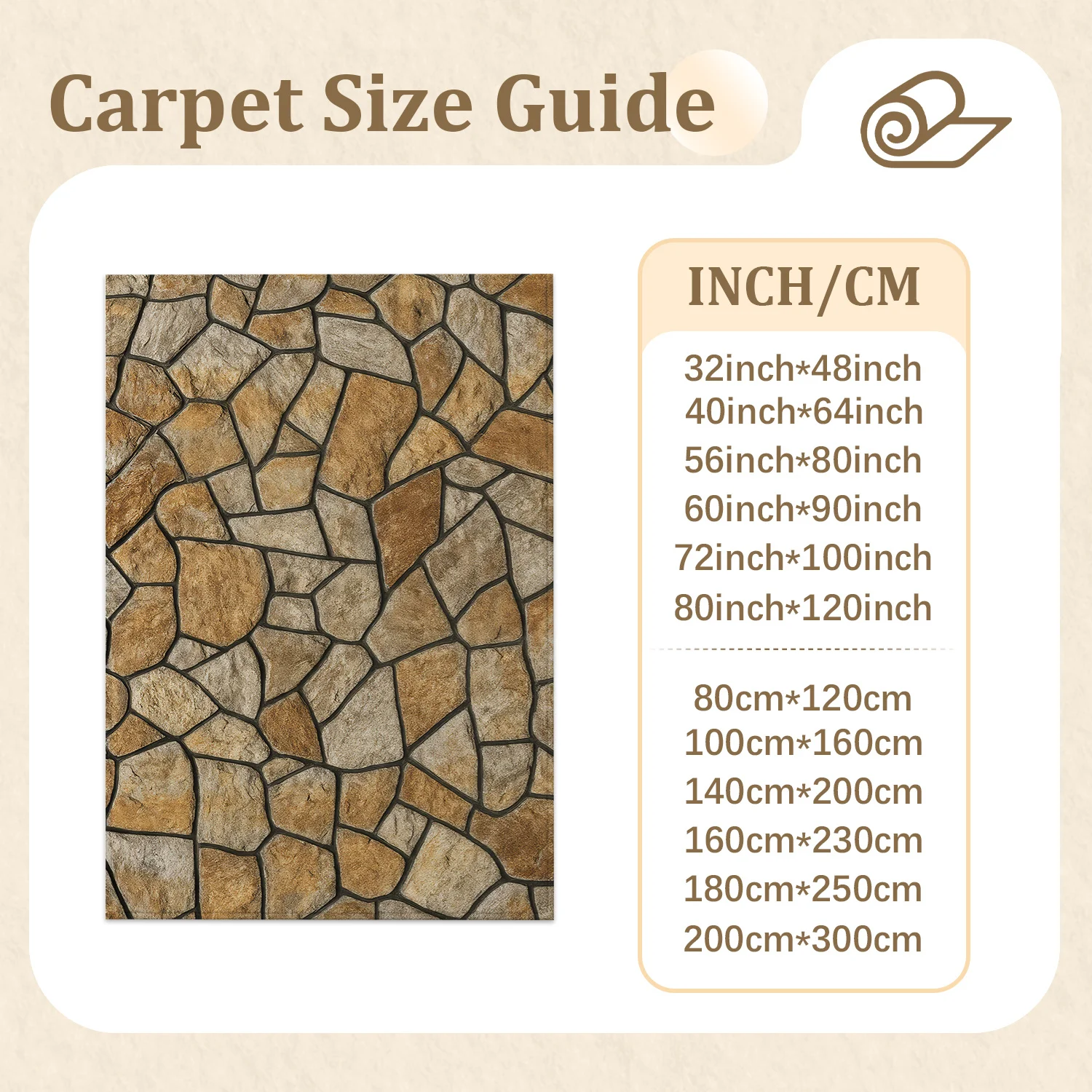 Large Indoor Area Rug, Soft Velvet Low Pile with Non-slip Dotted Backing, Machine Washable Rustic Stone Mosaic Pattern in Warm Tan & Light Beige, Great for Living Room, Bedroom, Entryway