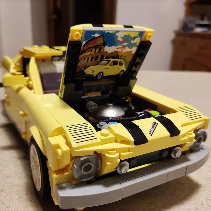 Moc Bouwstenen Vintage Classic Racing Yellow Mustang Automodel Technische Bakstenen Diy Assemblage Voertuig Speelgoed Voor Kinderen Kind