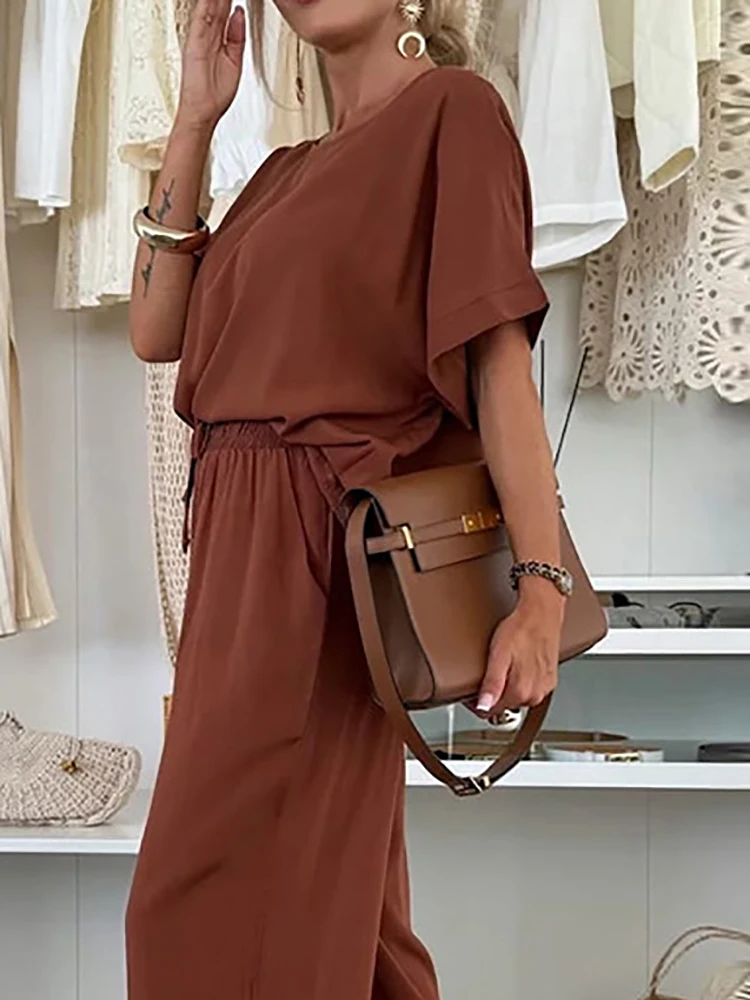 

Women's Clothing Summer Solid Color Sports Suit Vintage O Neck Short Sleeved Top and Pants New Outfit Casual Loose Straight Sets