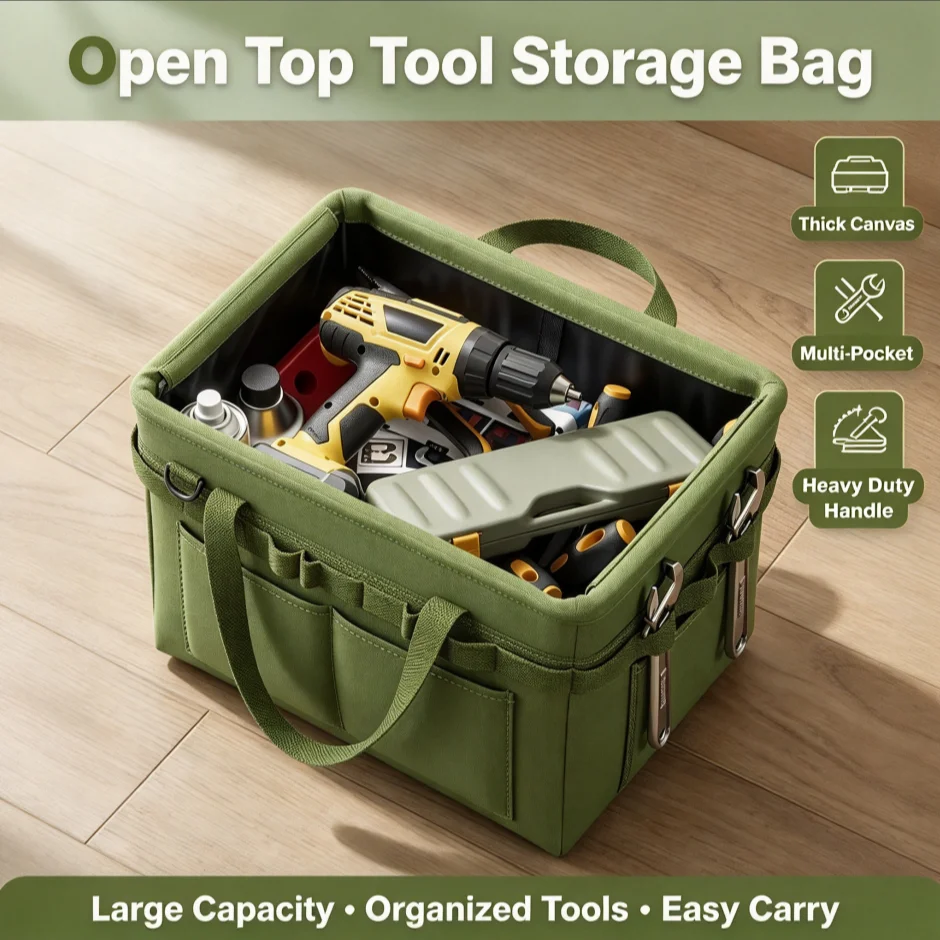 Heavy-Duty Foldable Tool Bag with Side Pocket, Large Capacity Oxford Fabric Organizer for Camping, Car Repair, Construction Work
