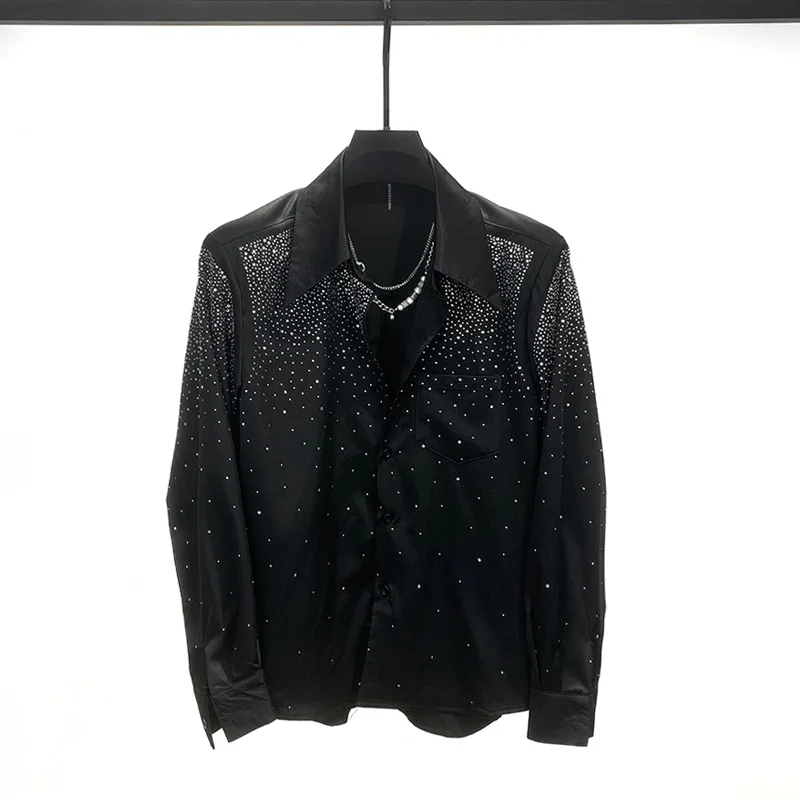 2025 New High-End Heavy Rhinestone Long Sleeve Shirt for Men Korean Style Loose Casual Thin Turn-Down Collar Shirt