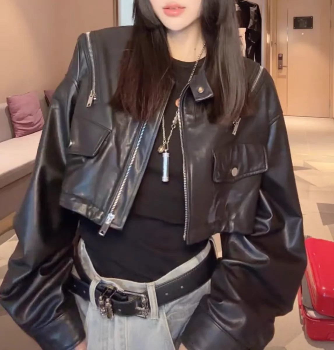 

Ephiram Leather Jaet Stand Collar Real eep Leather ort Zipper Coat Women's Faion Autumn New Arrival Collar Jaet