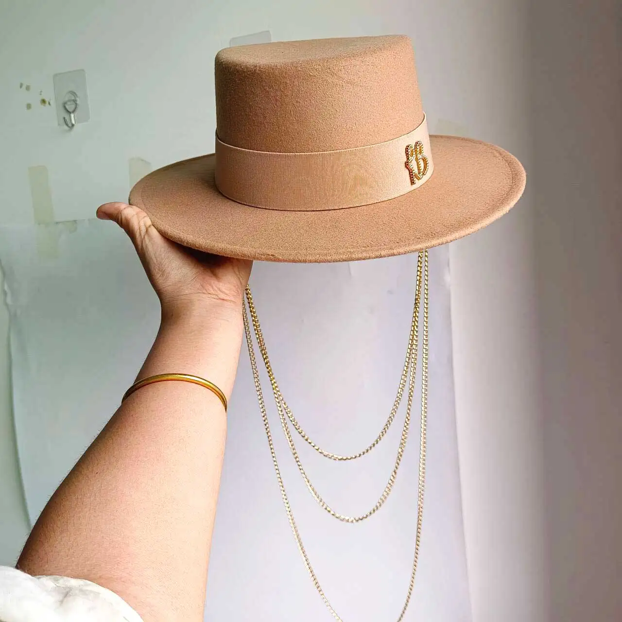 Double Chain Strap Hat Flat Top Fedora French Women's Autumn and Winter Women's Wide Brim Hat  sombrero hombre
