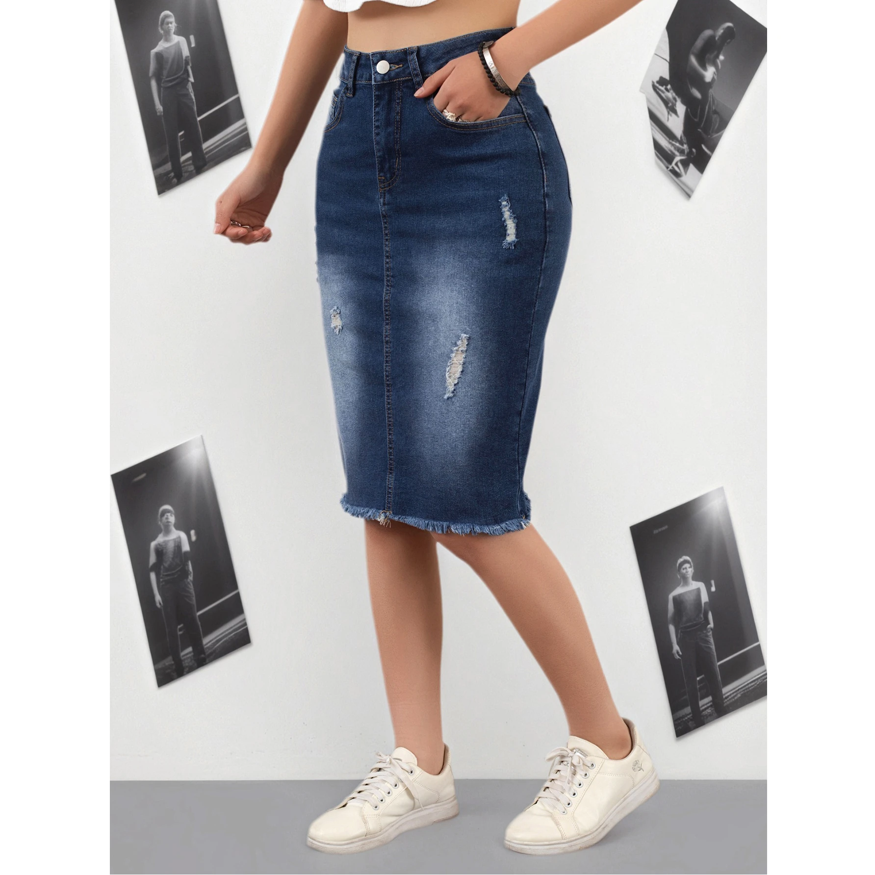 Falda vaquera azul oscuro para mujer, informal, versátil, con dobladillo deshilachado, de longitud media, cruzada, para primavera, verano y otoño, ideal para ocasiones informales.