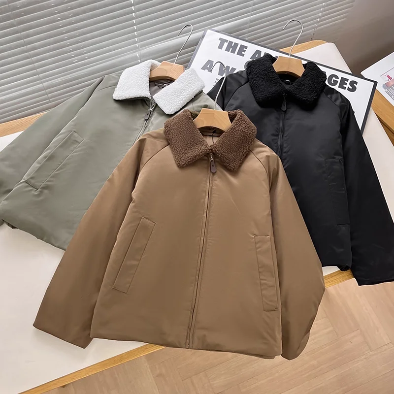 

ex Autumn Winter Warm Windproof Lamb Fur Collar Air Cotton Jaet Cotton Coat Outerwear for Couples Youth Casual Cleanfit